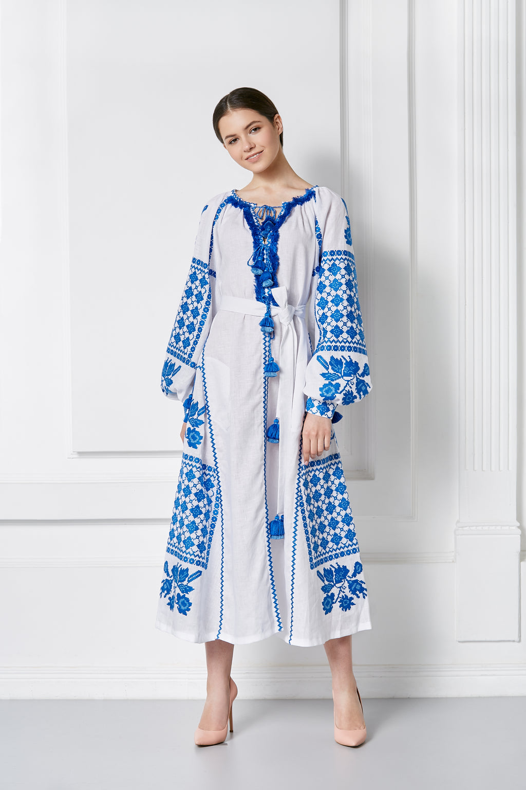 White Ukrainian Embroidered Midi Dress with Authentic Blue Cross-Stitch