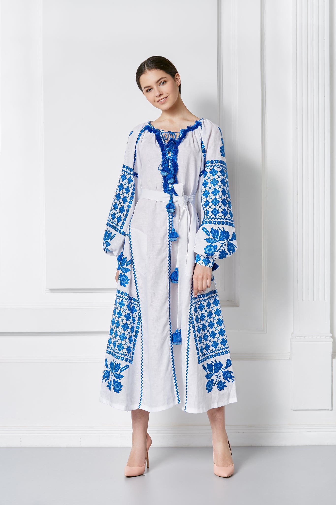 White Ukrainian Embroidered Midi Dress with Authentic Blue Cross-Stitch
