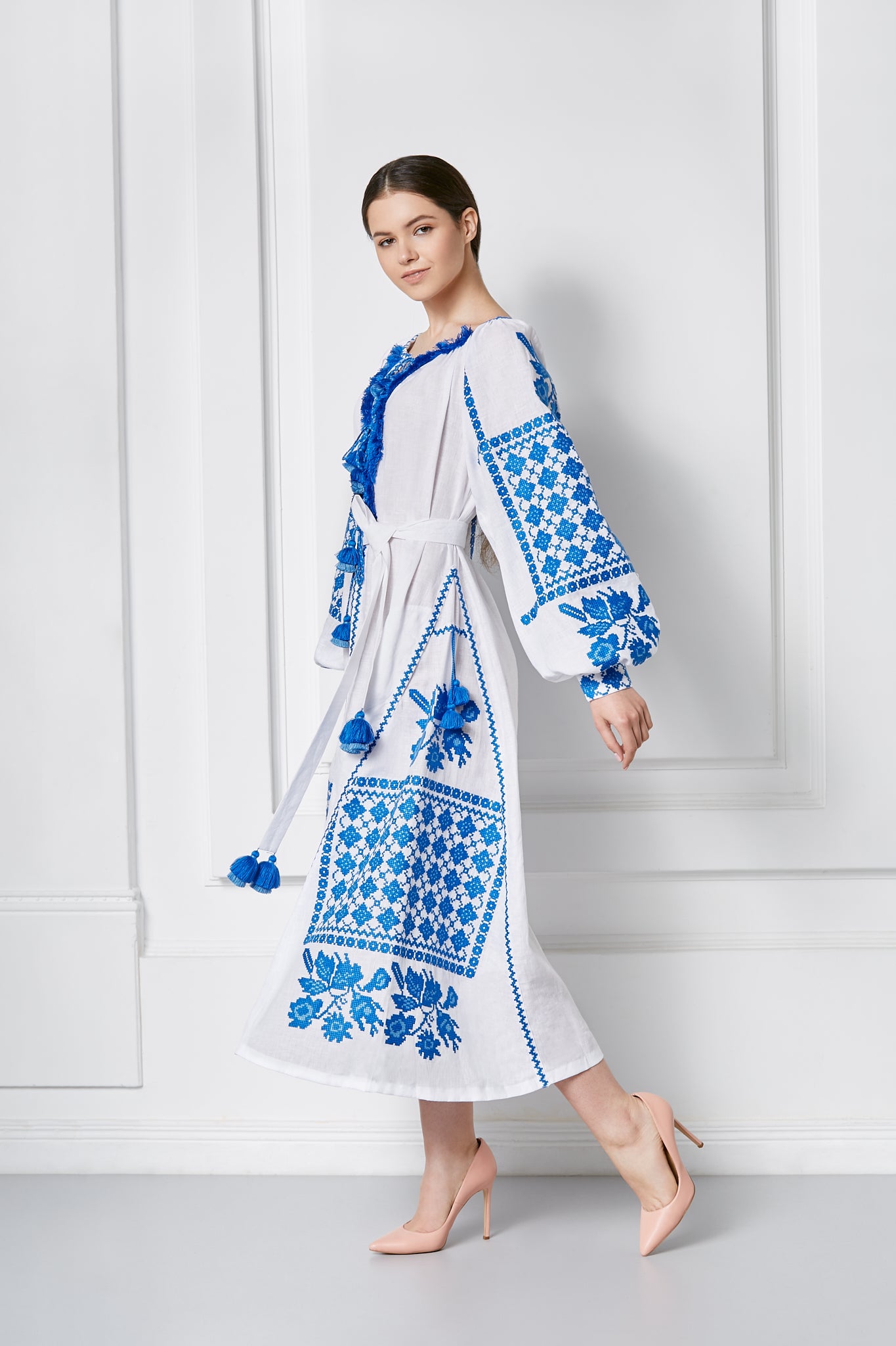 White Ukrainian Embroidered Midi Dress with Authentic Blue Cross-Stitch