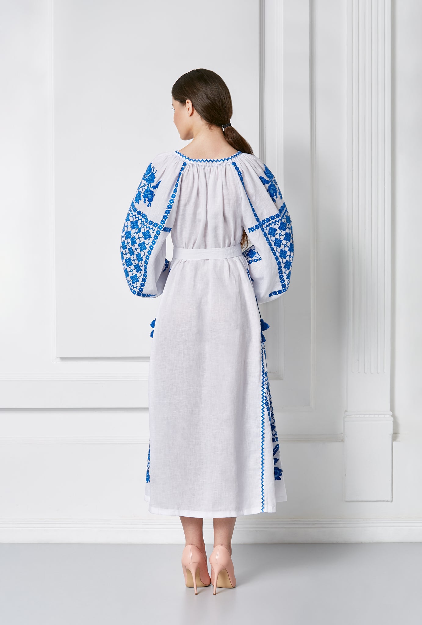 White Ukrainian Embroidered Midi Dress with Authentic Blue Cross-Stitch