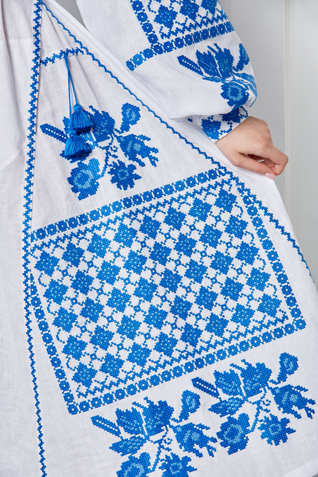 White Ukrainian Embroidered Midi Dress with Authentic Blue Cross-Stitch