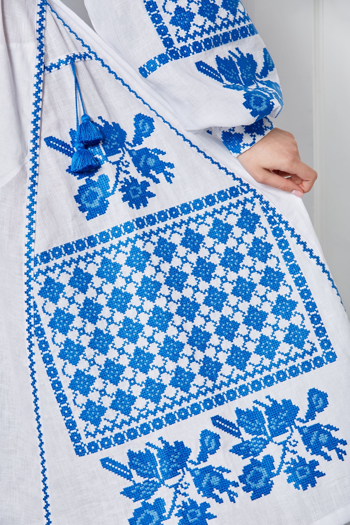 White Ukrainian Embroidered Midi Dress with Authentic Blue Cross-Stitch