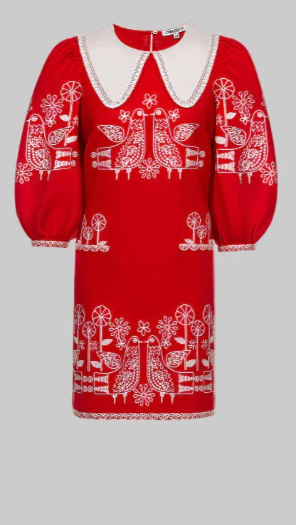 Embroidered Linen Mini Dress with Birds and Flowers Zozulya