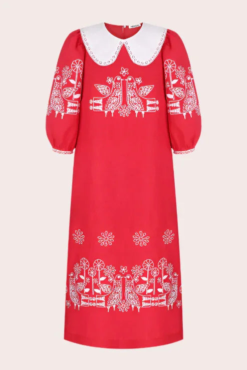Embroidered Linen Mini Dress with Birds and Flowers Zozulya