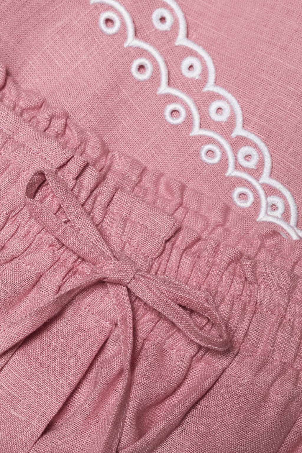 Blush-pink linen shorts with scalloped eyelet hem, Foberini