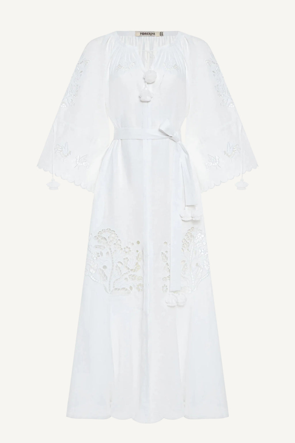 White dress with lace details on a white background