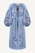 Women's blue linen midi dress with hand-embroidered appliqué motifs and 24-carat silver galvanised beads – Flying Home by My Sleeping Gypsy