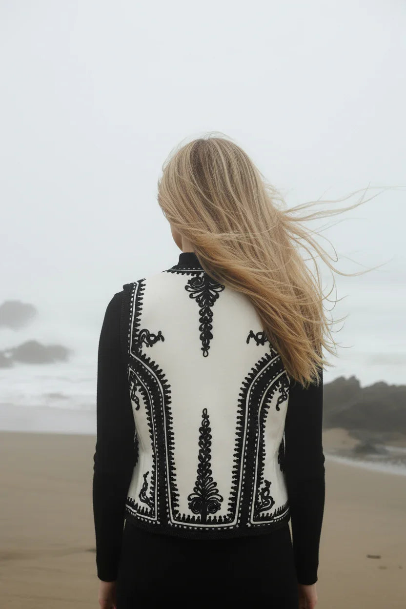 The Folk Embroidered Vest In Black and White