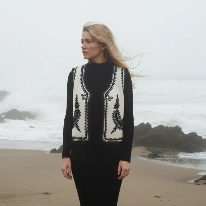 The Folk Embroidered Vest In Black and White