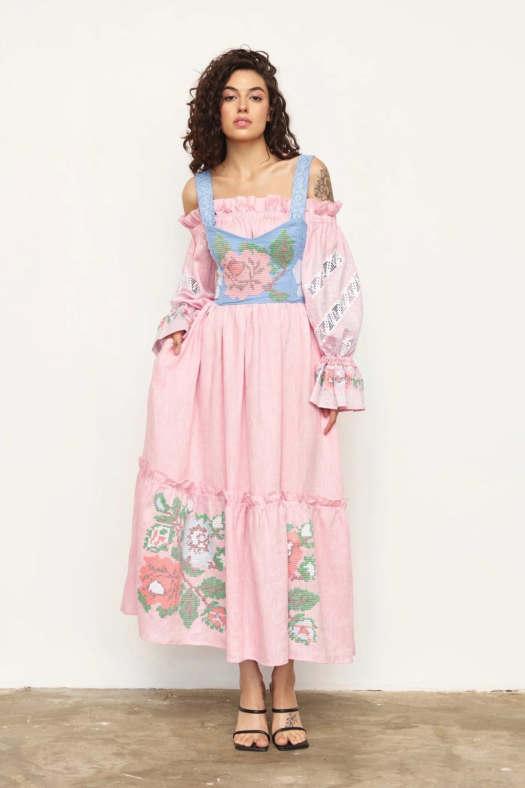 Blush pink linen maxi dress, tiered skirt and embroidered hemline detail