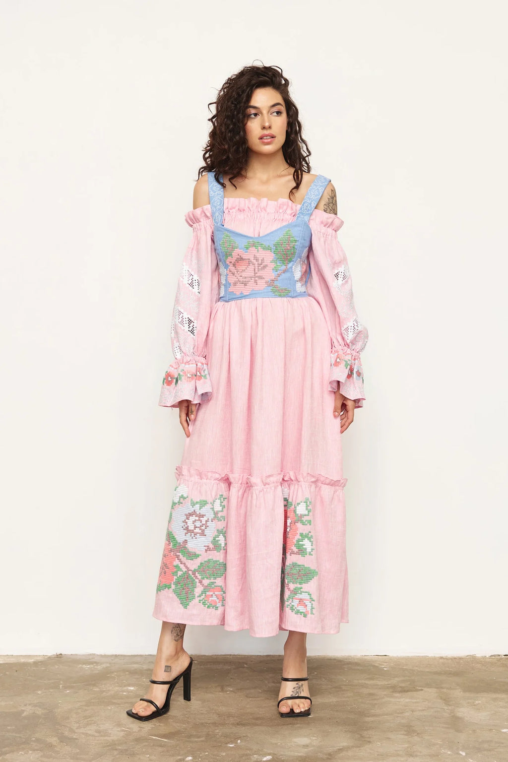 Blush pink linen maxi dress, elasticized off-the-shoulder neckline detail