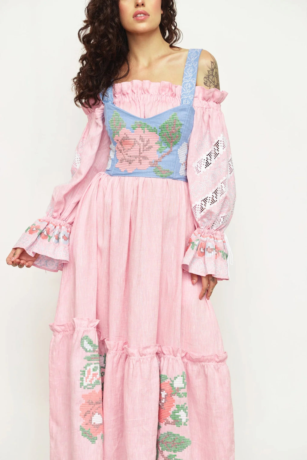 ANNABO Elysian Whisper blush pink linen off-the-shoulder maxi dress with floral embroidery