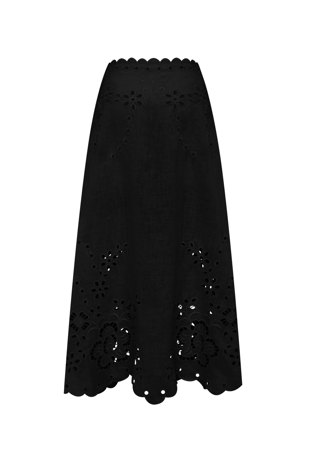 Annabo Hand-embroidered folk linen skirt with Richelieu cutwork in black – embroidery detail