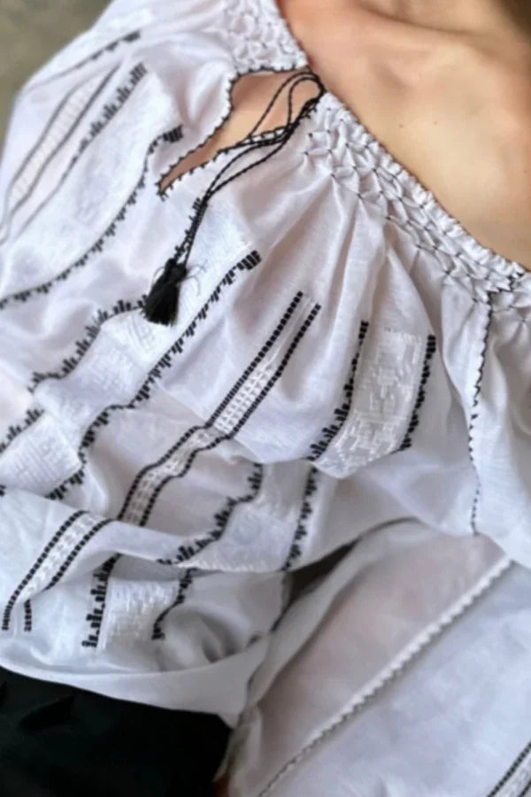 Handwoven Blouse in Black an White Embroidery