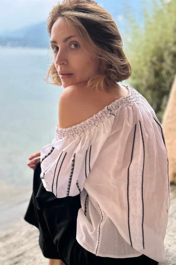 Handwoven Blouse in Black an White Embroidery