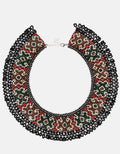 Decorative beaded necklace with geometric pattern on a white background