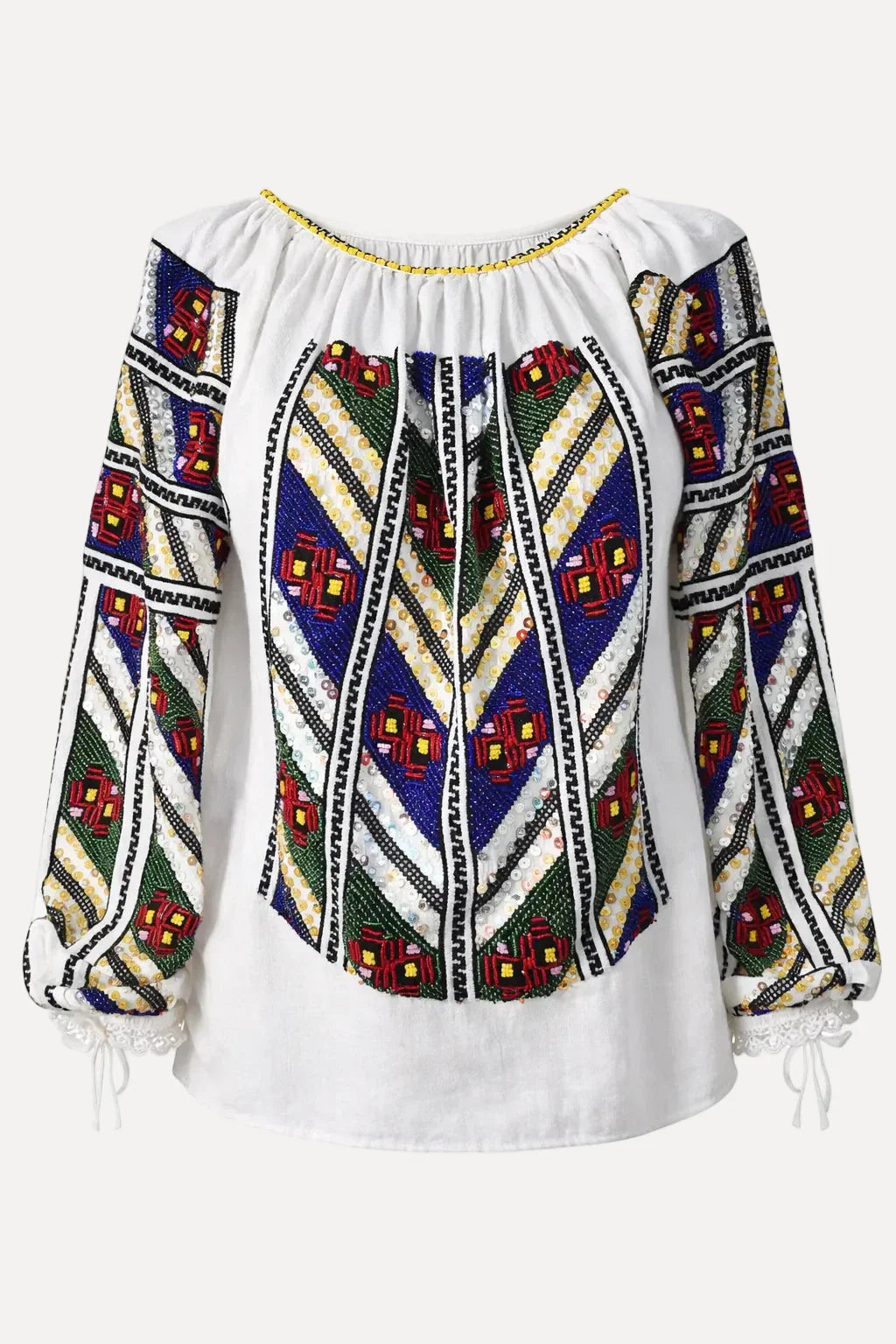 Romanian blouse with colorful geometric beadwork pattern on a white background