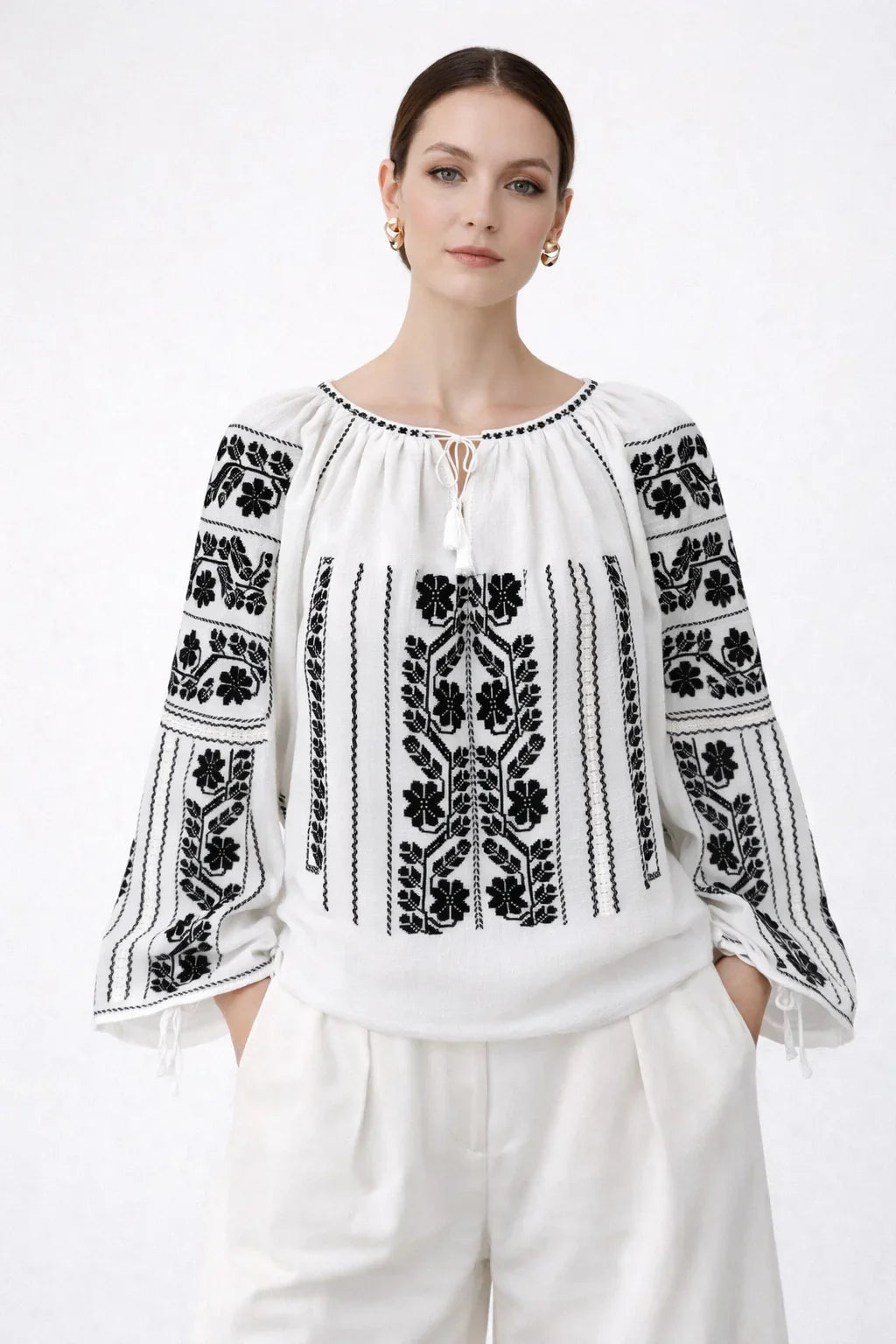 The Midnight Garden – Floral Embroidery Romanian Blouse