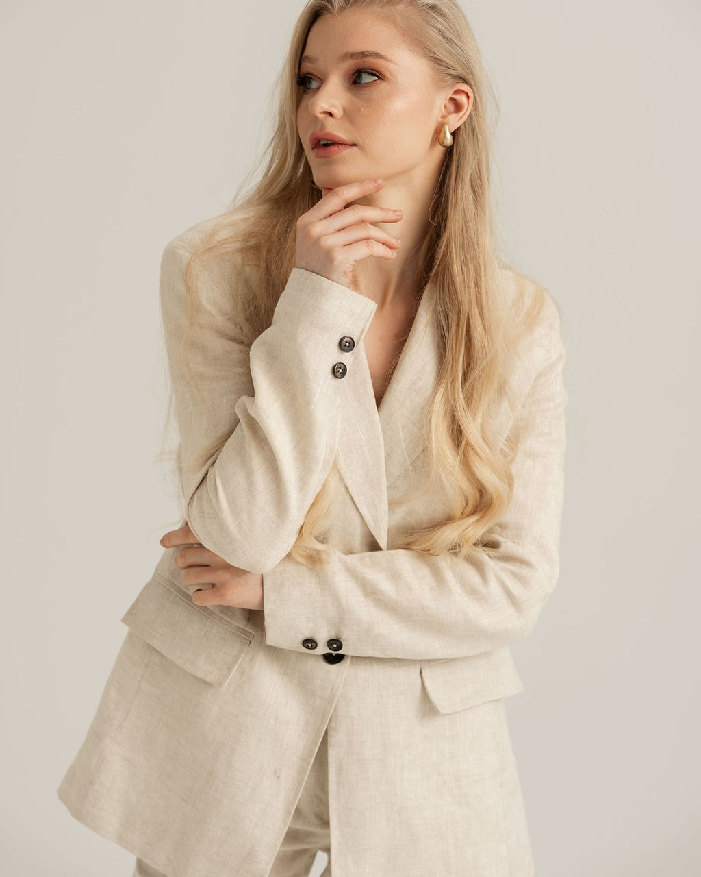 Beige Champagne Linen Suit Set — Tailored Jacket & Wide-Leg Trousers