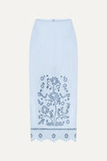 Light blue skirt with floral embroidery on a white background