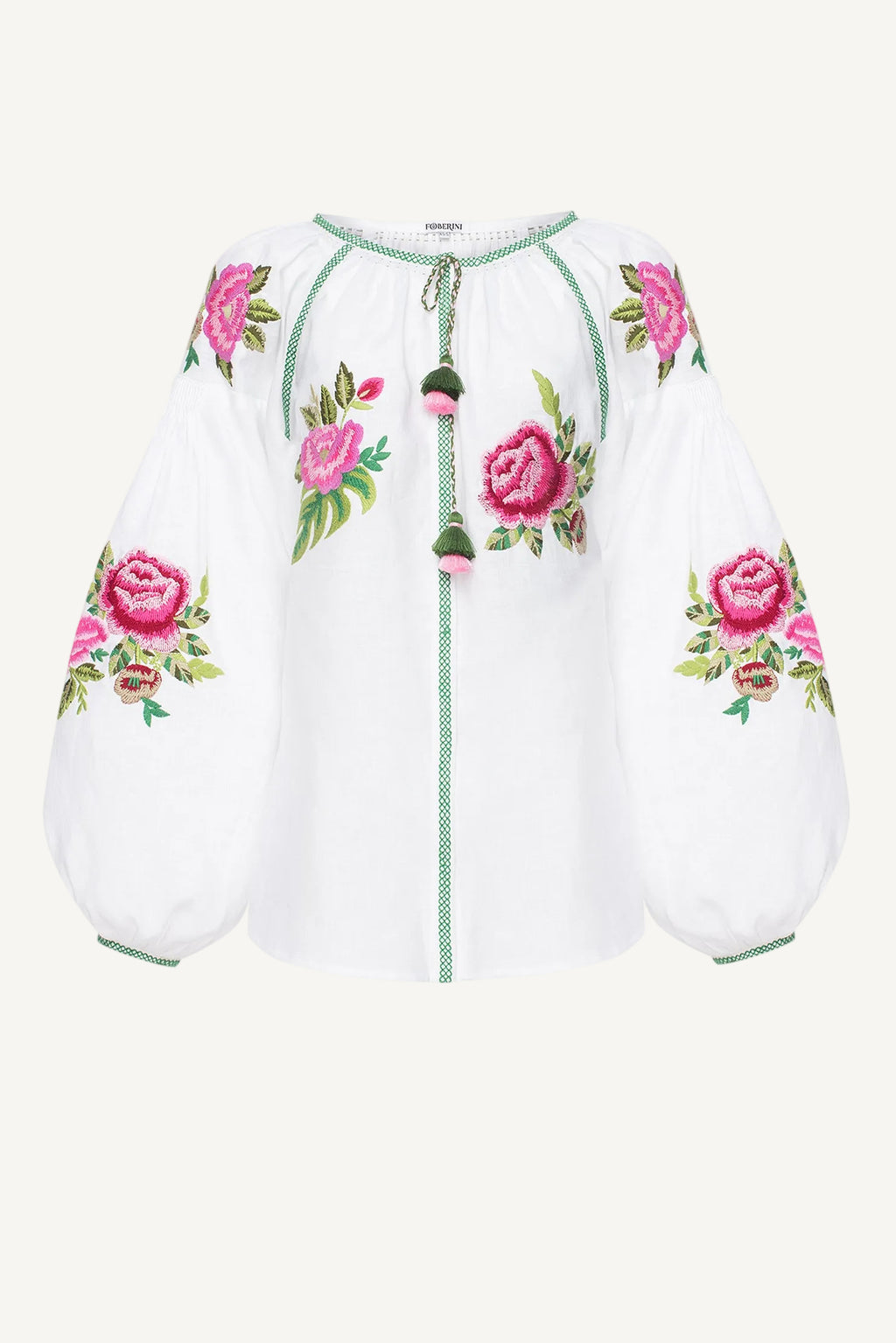 White blouse with pink floral embroidery handcrafted by Ukranian Artisans