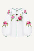 White blouse with pink floral embroidery handcrafted by Ukranian Artisans