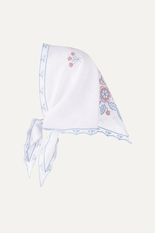 White headscarf with floral embroidery on a white background