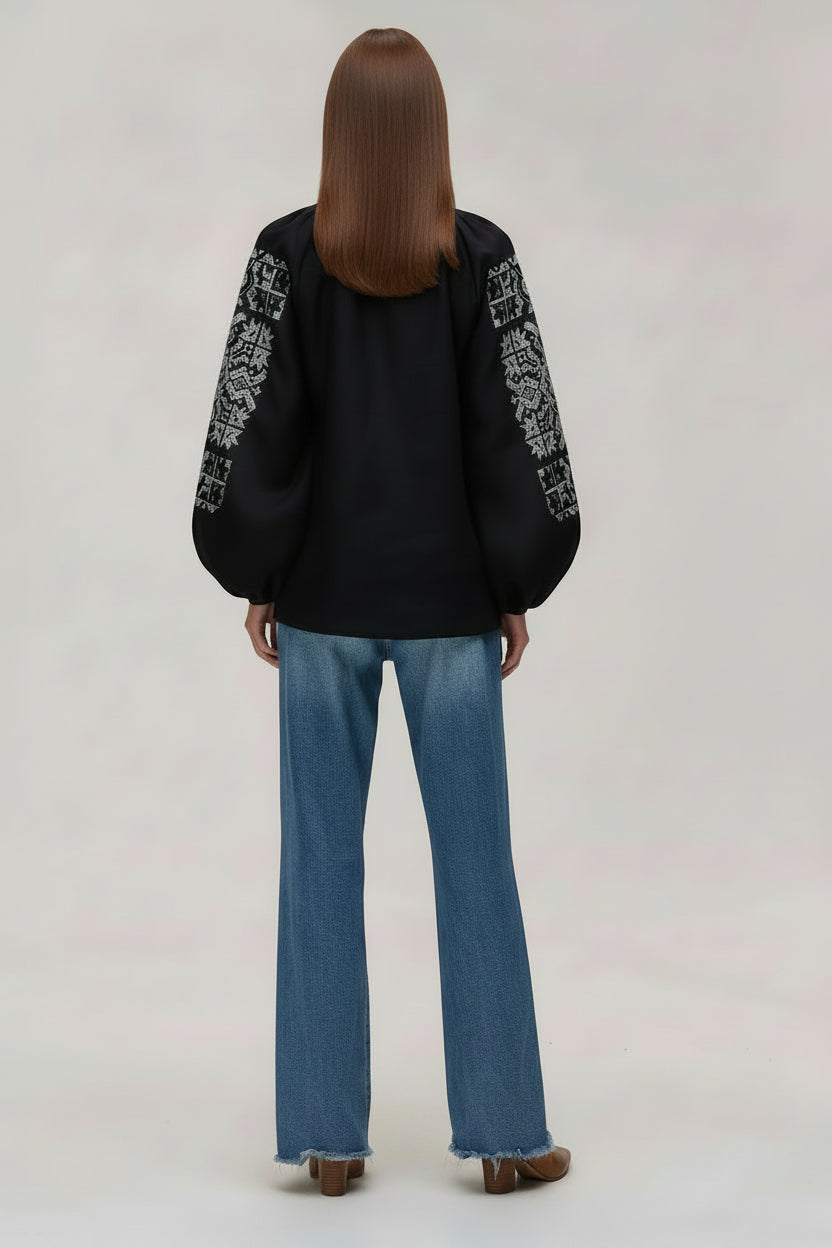 Women's black linen embroidered peasant blouse with satin stitch star motif and tassel neckline – Zirka by Koza Dereza Arisans for BLOUSE ROUMAINE SHOP
