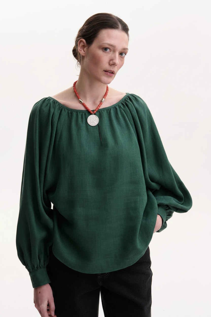 green linen peasant blouse with balloon sleeves crafted by Koza Dereza  Blouse ROUMAINE SHOP