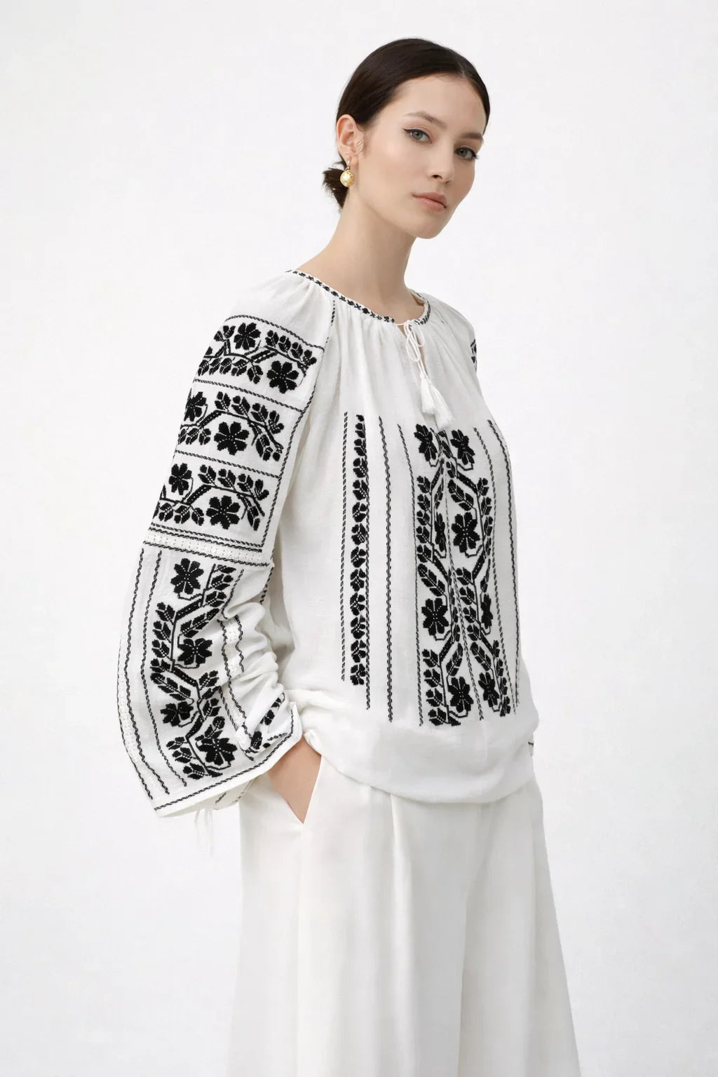 The Midnight Garden – Floral Embroidery Romanian Blouse