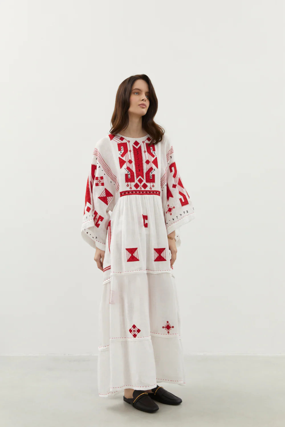 White Linen Long Dress with Red Geometric Embroidery Braille My Sleeping Gypsy