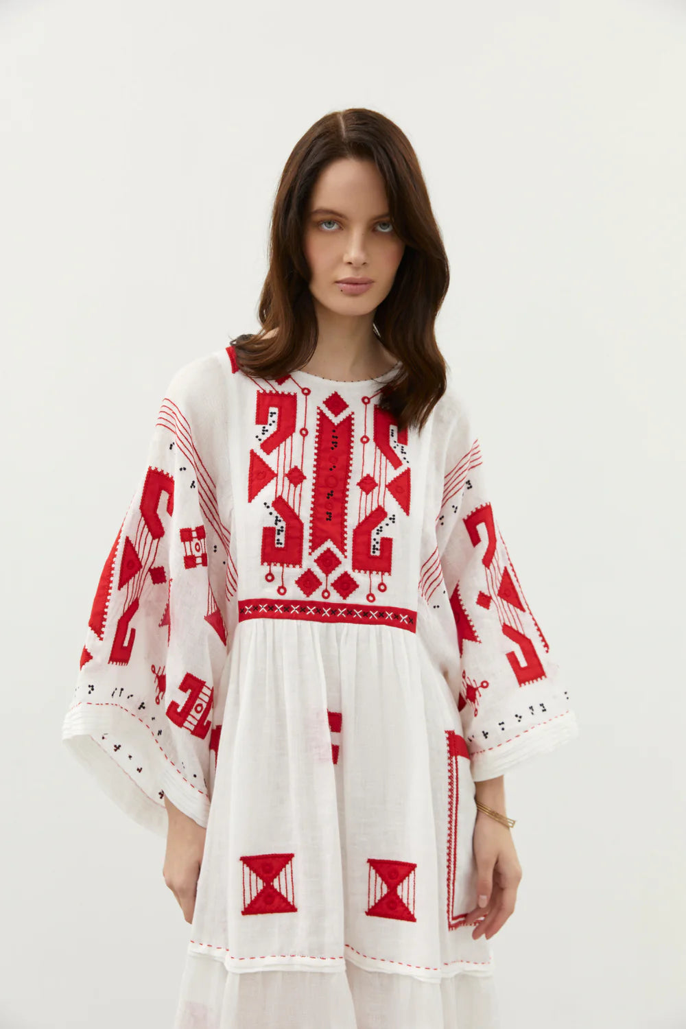 White Linen Long Dress with Red Geometric Embroidery Braille My Sleeping Gypsy