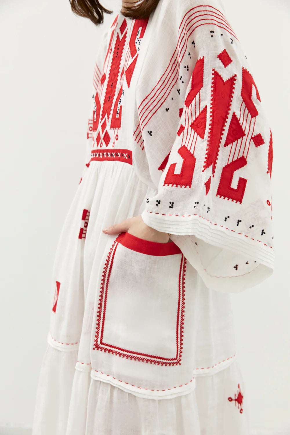 White Linen Long Dress with Geometric Embroidery Braille My Sleeping Gypsy