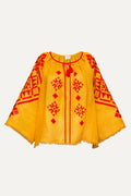 Yellow blouse with red patterns on a white background