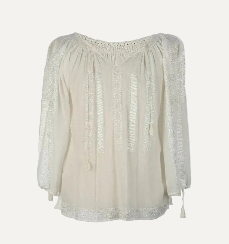 Ivory Romanian peasant blouse openwork lace dark blue embroidery handmade artisans
