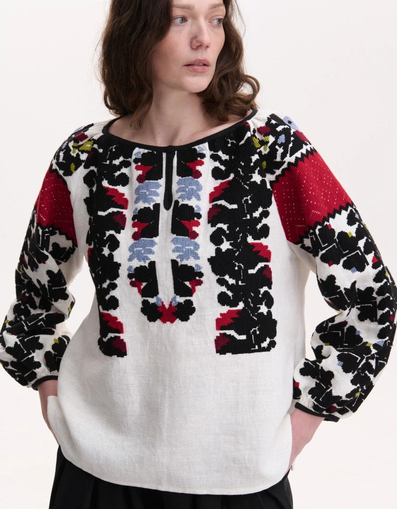 Linen Embroidered Folk Pattern Blouse Hand Made “Borshchiv Festive”
