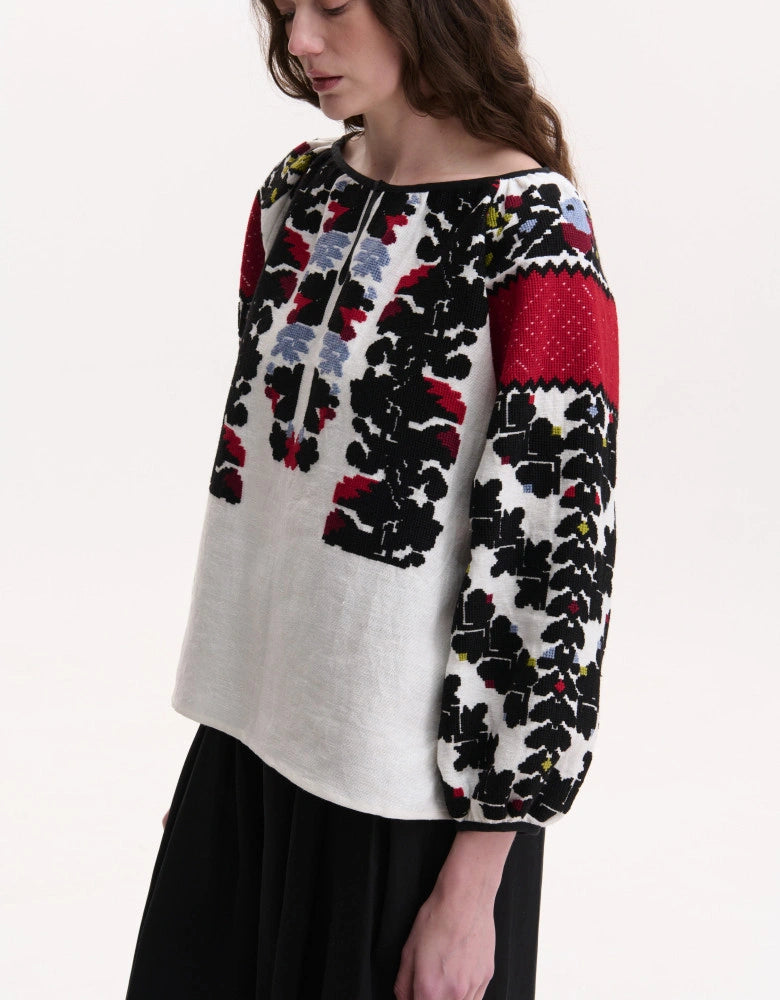 Linen Embroidered Folk Pattern Blouse Hand Made “Borshchiv Festive”