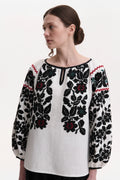 Women’s hand-embroidered Vyshyvanka blouse “Floral”white embroidered blouse with black floral patterns and red accents Blouse Roumaine Shop
