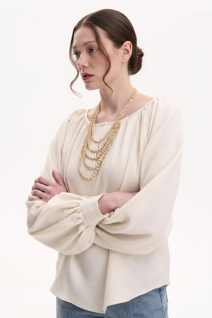 Cream linen peasant blouse with a large bow 