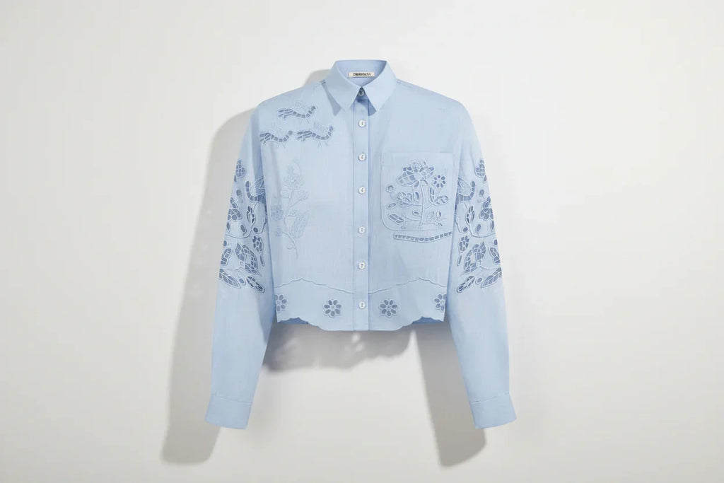 Light blue shirt with  ukrainian floral patterns blouse roumaine shop