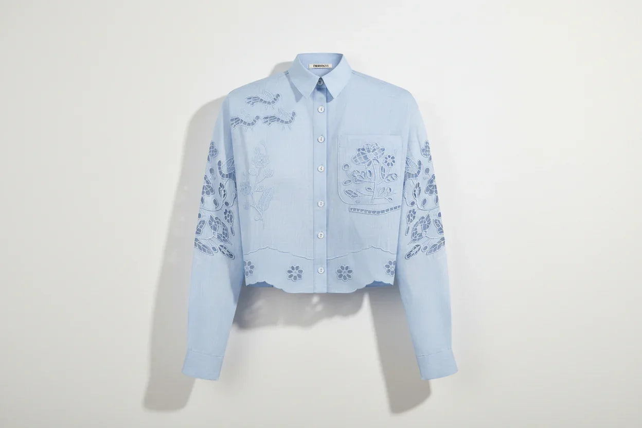 Light blue shirt with  ukrainian floral patterns blouse roumaine shop
