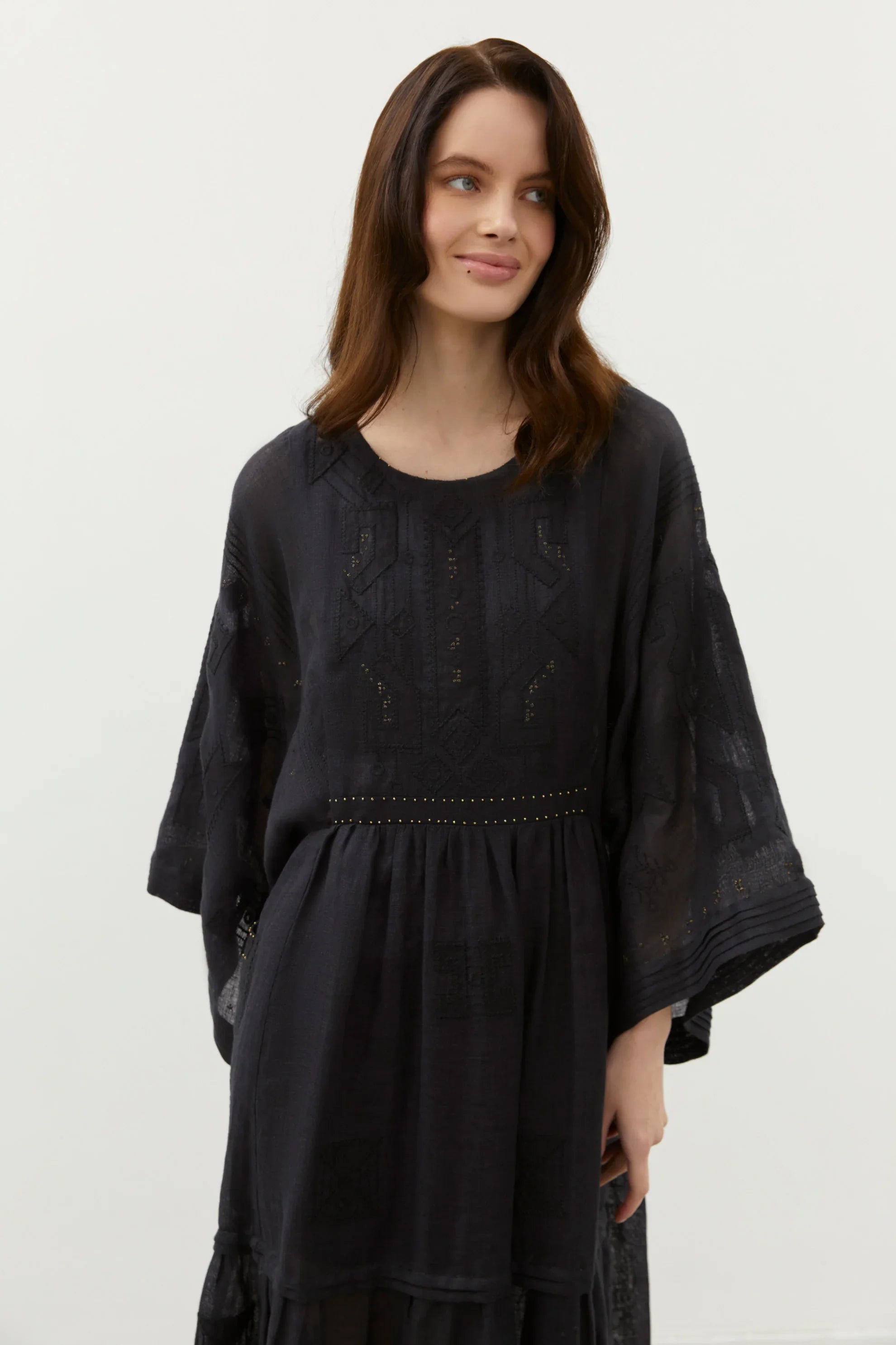 Braille Long Tiered Embroidered Linen Dress in Black