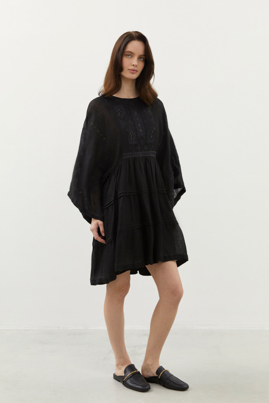 Braille motif Black Linen Short Dress with Gold Beads Embroidery