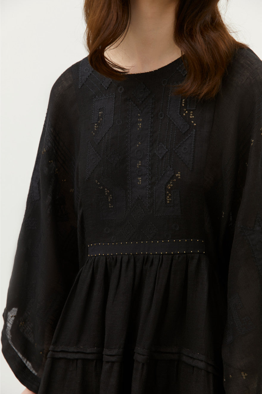 Braille motif Black Linen Short Dress with Gold Beads Embroidery