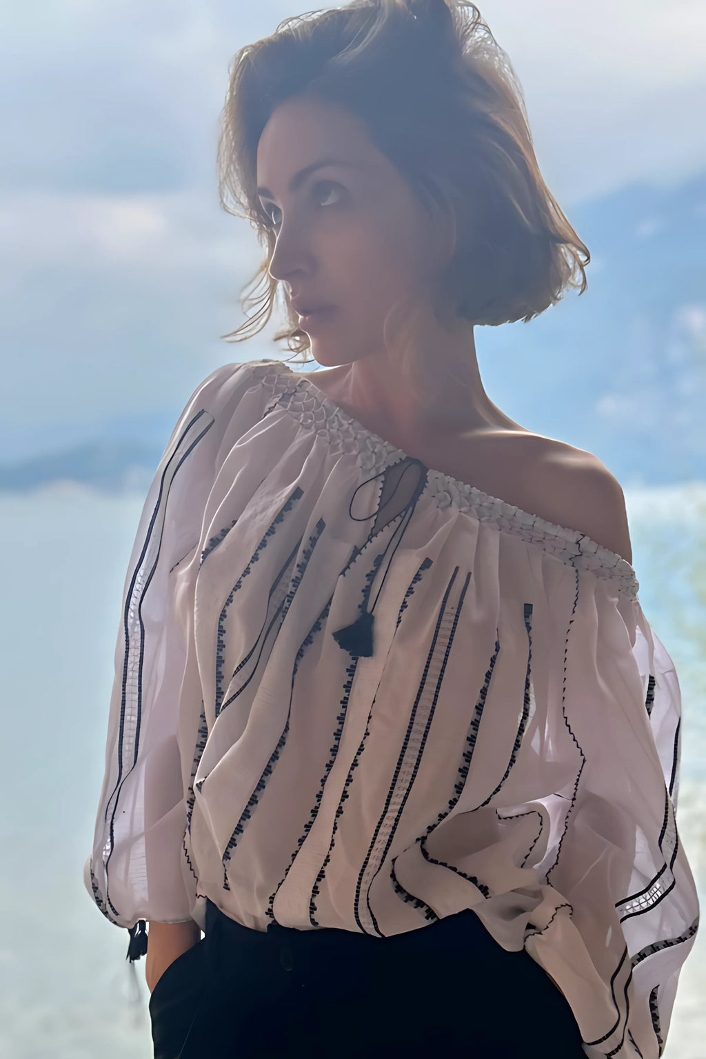 Handwoven Blouse in Black an White Embroidery