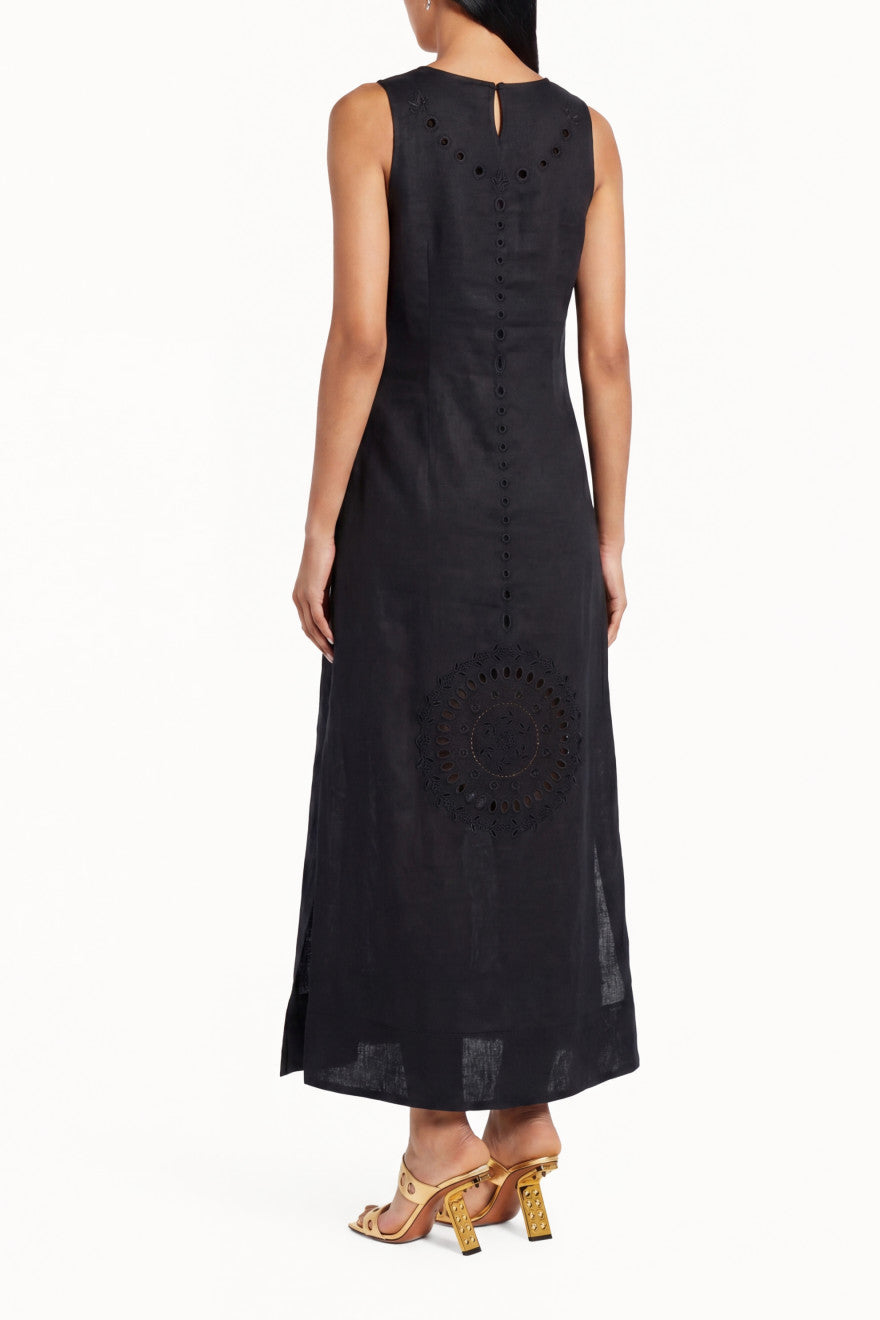 Champenois Richelieu-cutwork embroidered black linen midi dress