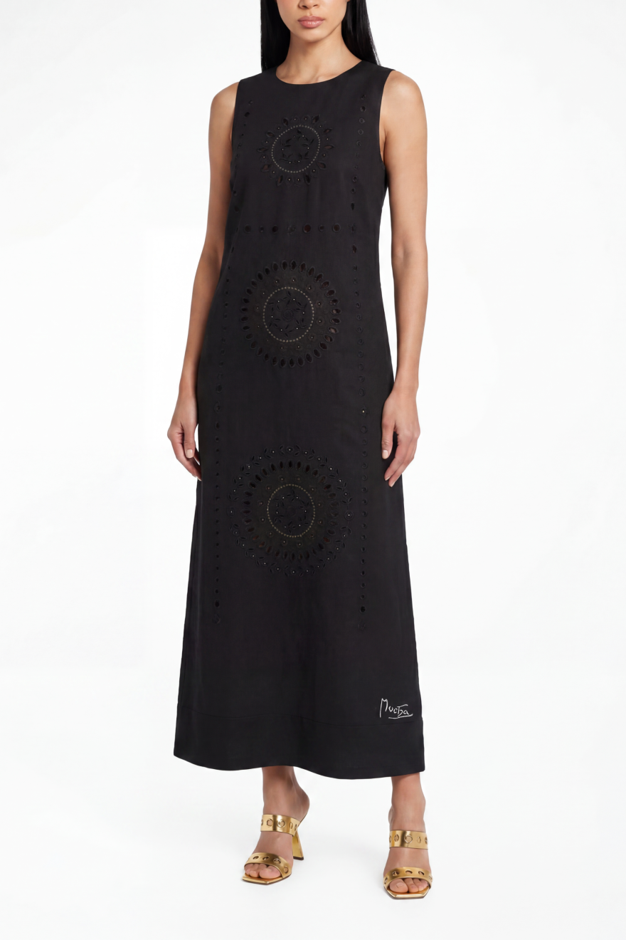 Champenois Richelieu-cutwork embroidered black linen midi dress