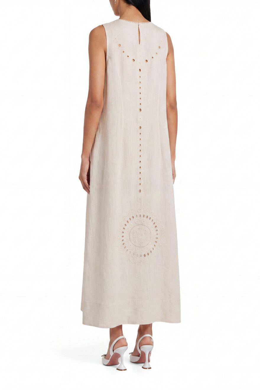 Champenois Richelieu-embroidered ivory linen midi dress