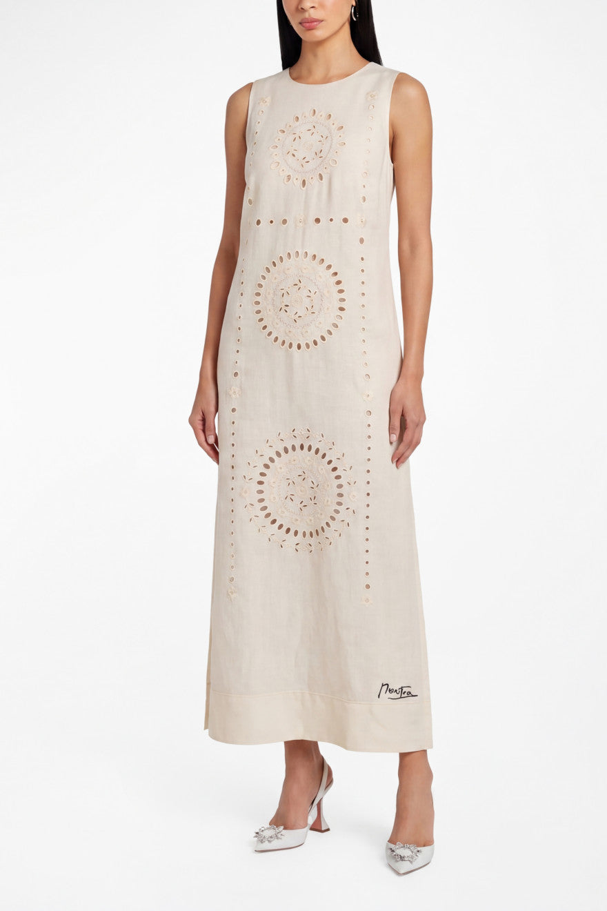 Champenois Richelieu-embroidered ivory linen midi dress