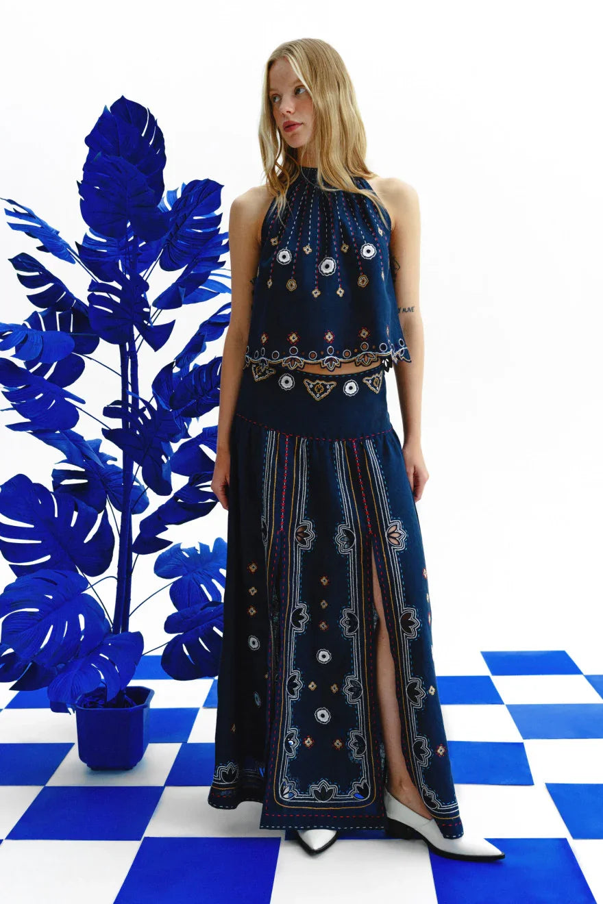 Check Mate Boho Linen Skirt with Embroidery